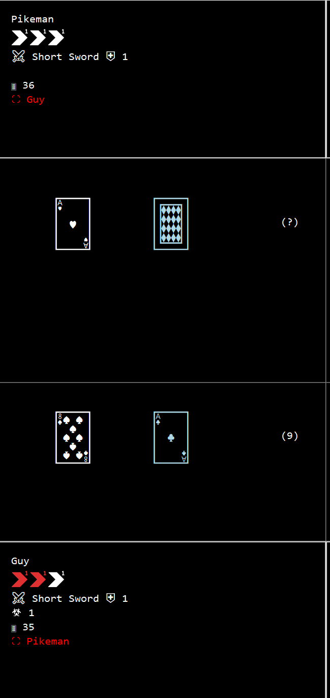 Screenshot of a combat scenario showing two units and their cards, with an emphasis that one unit will probably win this round.